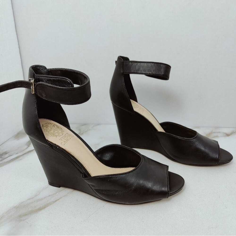 Vince Camuto Black Leather Ankle-Strap Wedge Sandals